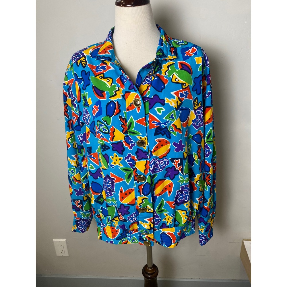 Vintage 80s 90s Abstract Geometric Print Bomber Jacket Blue Multi Color 3X